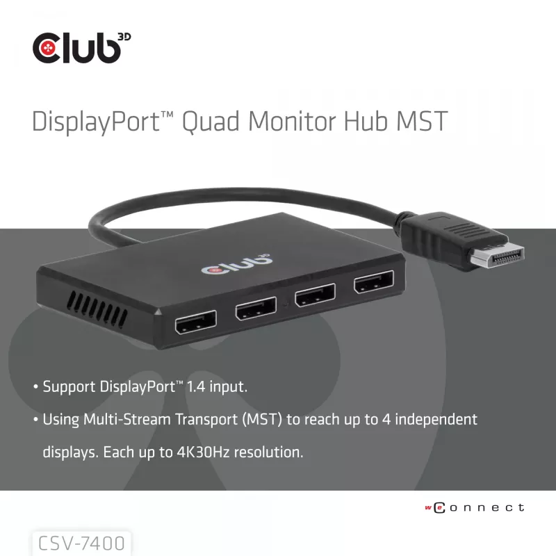 CLUB3D Quad DisplayPort™ Hub – 4 x 4K Rozdzielczość @ 30Hz, Obsługa MST