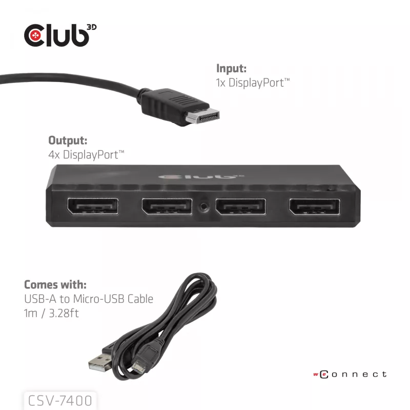 CLUB3D Quad DisplayPort™ Hub – 4 x 4K Rozdzielczość @ 30Hz, Obsługa MST