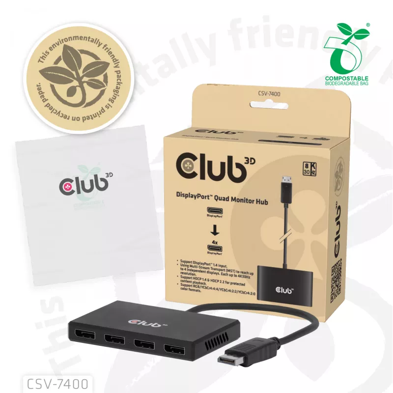 CLUB3D Quad DisplayPort™ Hub – 4 x 4K Rozdzielczość @ 30Hz, Obsługa MST