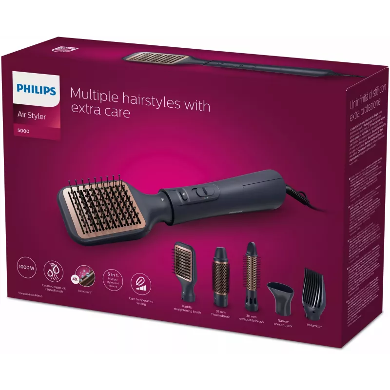 Zestaw do stylizacji włosów Philips 5000 series BHA530/00 — prostownica i lokówka do włosów, 1000 W, 3 poziomy grzania, jonizacja, 5 nakładek, przewód 2 m, czarny