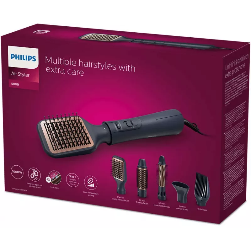 Zestaw do stylizacji włosów Philips 5000 series BHA530/00 — prostownica i lokówka do włosów, 1000 W, 3 poziomy grzania, jonizacja, 5 nakładek, przewód 2 m, czarny
