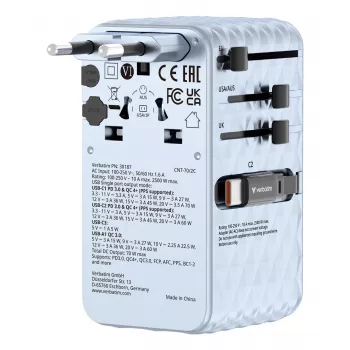 Verbatim Charge 'n' Travel 70W 2C retractable Universal Travel Adapter Blue