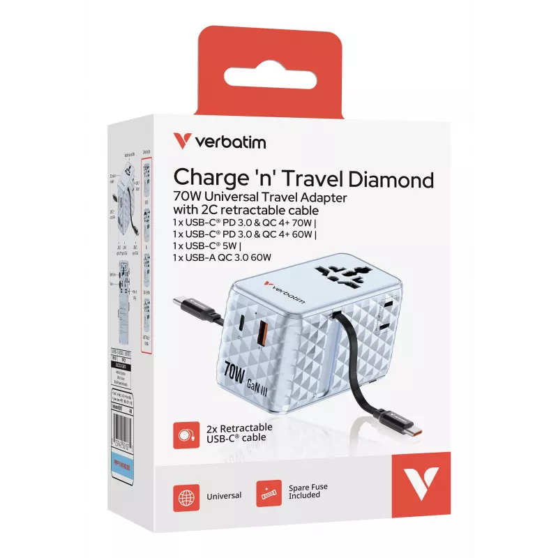 Verbatim Charge 'n' Travel 70W 2C retractable Universal Travel Adapter Blue