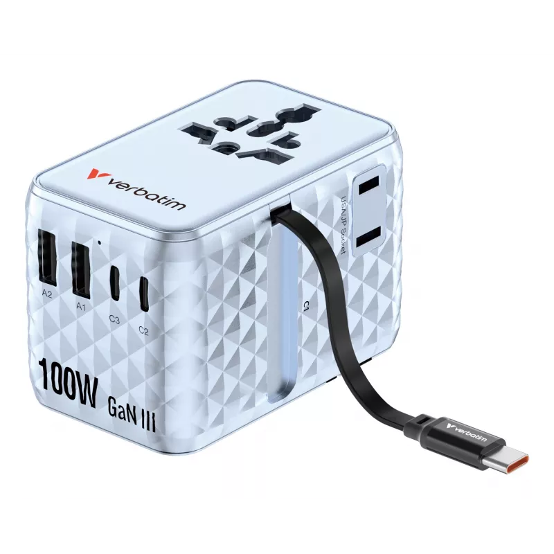 Verbatim Charge 'n' Travel 100W Uniwersalny adapter podróżny z wysuwanym kablem, niebieski