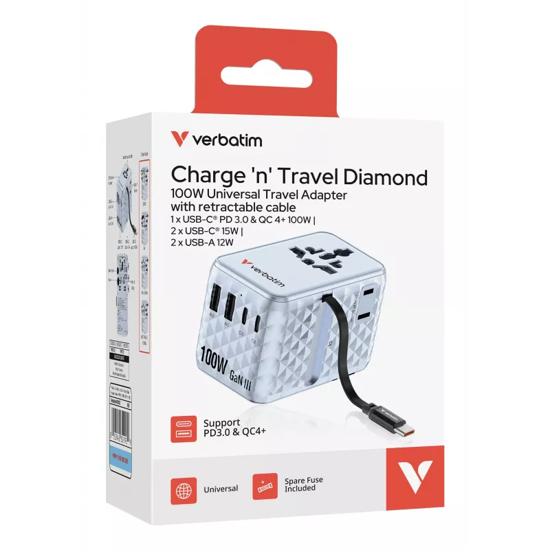 Verbatim Charge 'n' Travel 100W Uniwersalny adapter podróżny z wysuwanym kablem, niebieski