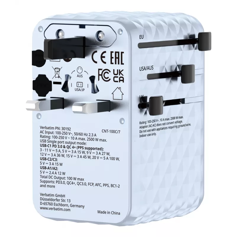 Verbatim Charge 'n' Travel 100W Uniwersalny adapter podróżny z wysuwanym kablem, niebieski