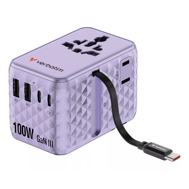 Verbatim Charge 'n' Travel 100W Uniwersalna przejściówka podróżna z wysuwanym kablem, fioletowa