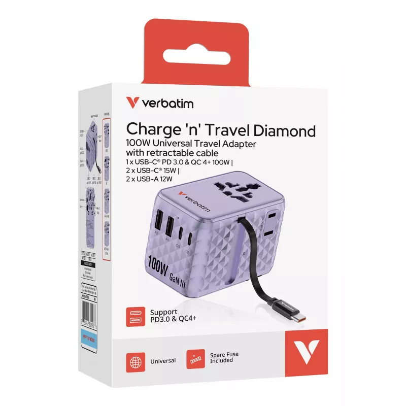 Verbatim Charge 'n' Travel 100W Uniwersalna przejściówka podróżna z wysuwanym kablem, fioletowa