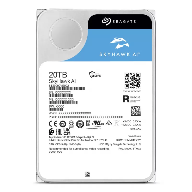 Seagate SkyHawk AI ST20000VE004 wewnętrzny dysk twardy 20 TB 7200 RPM 512 MB 3.5 cala Serial ATA III