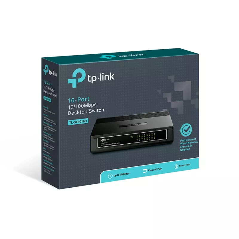Przełącznik biurkowy TP-Link 16-portowy 10/100Mbps, niezarządzalny, Fast Ethernet (10/100), Full duplex, montaż w szafie RACK, montaż na ścianie