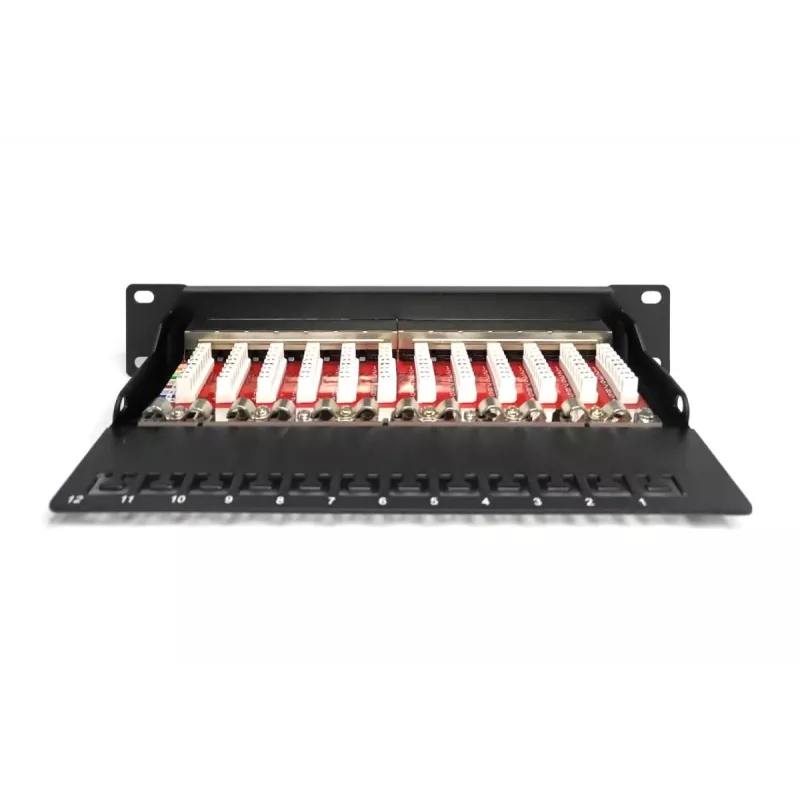 DIGITUS CAT6A Patch Panel, ekranowany, 12 portów z polem opisowym, 1U, do montażu w szafie 10 cali, czarny RAL 9005