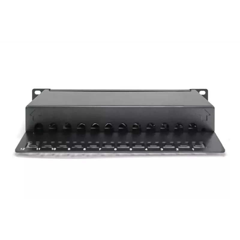 DIGITUS CAT6A Patch Panel, ekranowany, 12 portów z polem opisowym, 1U, do montażu w szafie 10 cali, czarny RAL 9005