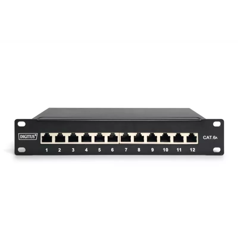 DIGITUS CAT6A Patch Panel, ekranowany, 12 portów z polem opisowym, 1U, do montażu w szafie 10 cali, czarny RAL 9005