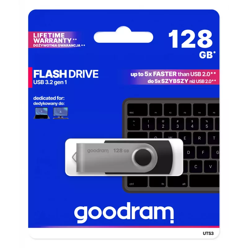 Pamięć USB GOODRAM UTS3 128 GB USB Type-A 3.2 Gen 1, czarna, odczyt 60 MB/s, zapis 20 MB/s