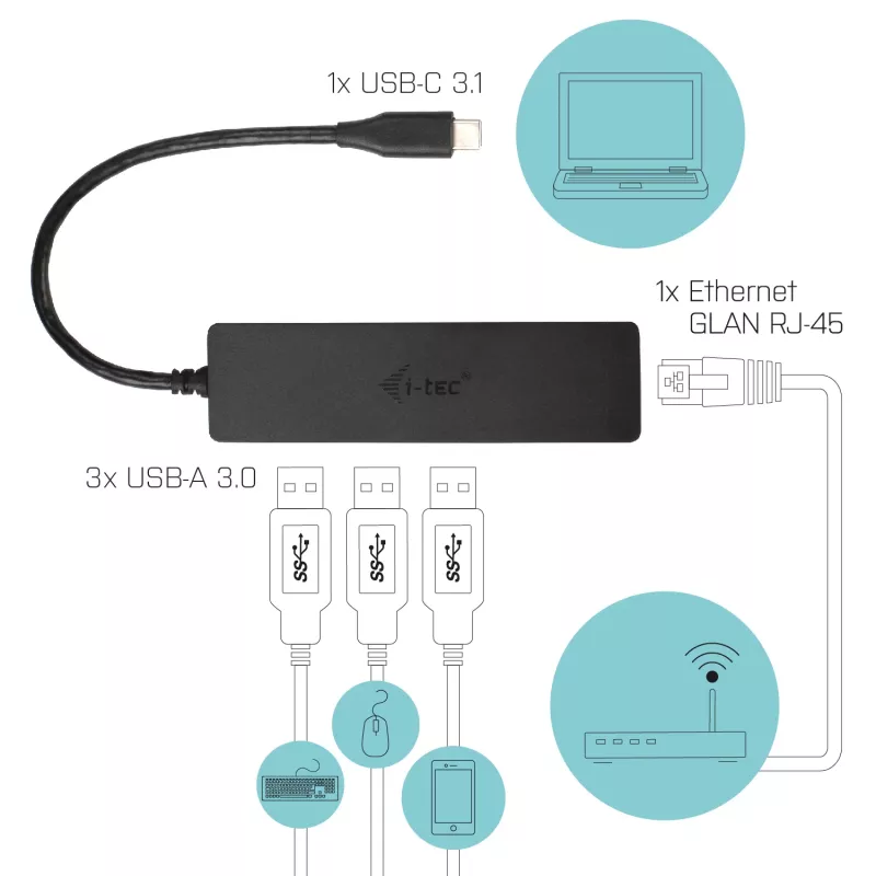 i-tec Advance USB-C cienki Passive HUB 3 Port + Gigabit Ethernet Adapter