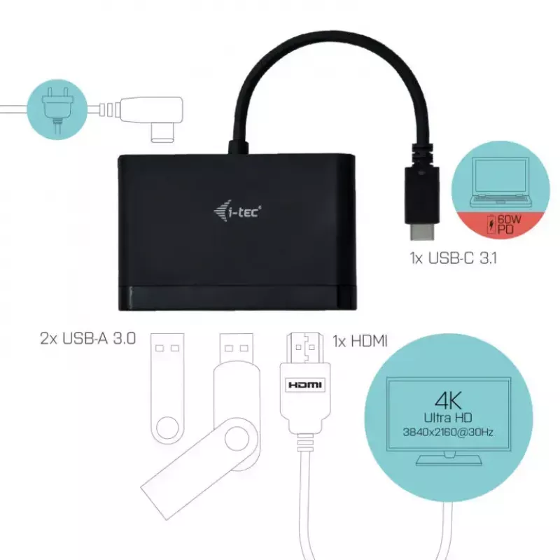 Adapter podróżny USB-C do HDMI ITEC i-tec USB C HDMI Travel Adapter PD/Data — Czarny, Chipset RTS5403/RTS5404/RTS5411/PS176, 90×58×14 mm