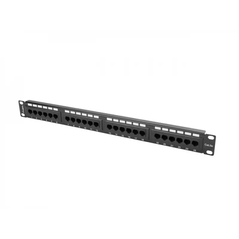 Patch panel 1U LANBERG PPU5-1024-B — 24-port CAT5e, metal, czarny, 445×32.5×44.5 mm
