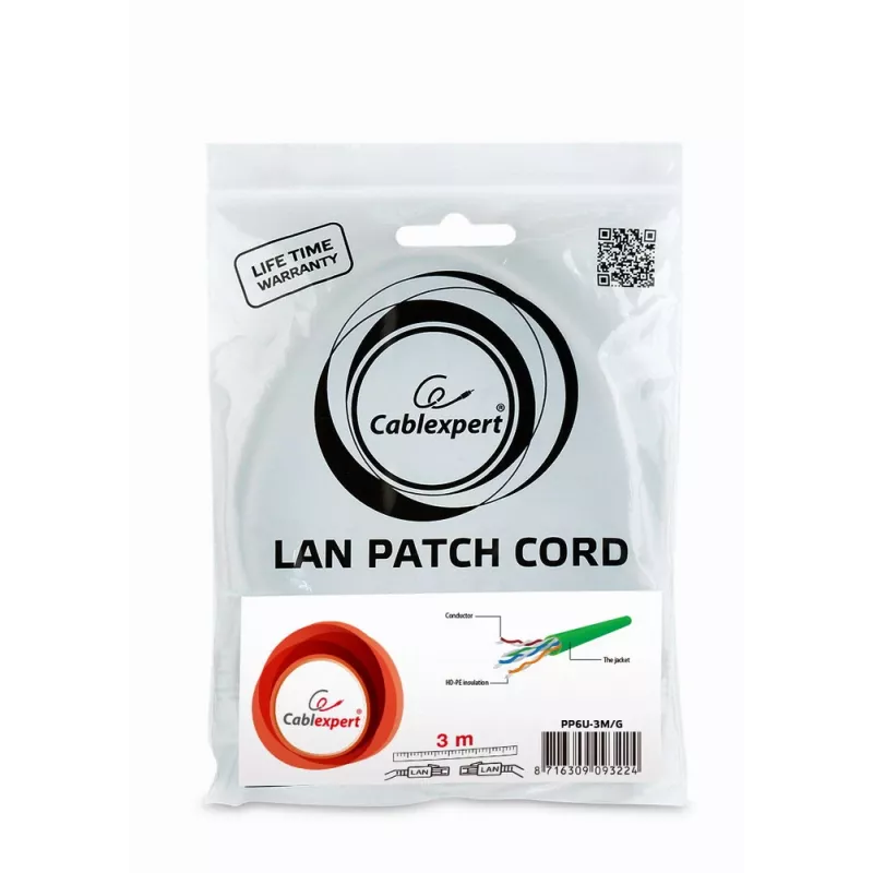 Kabel sieciowy Gembird PP6U-3M RJ-45 Cat6 3m Zielony