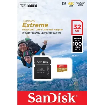 WESTERN DIGITAL SanDisk micro SDXC Extreme 32GB (A1/ V30/ U3/ UHS-I/ Cl.10/ R100/ W60) + adapter do kamery sportowej