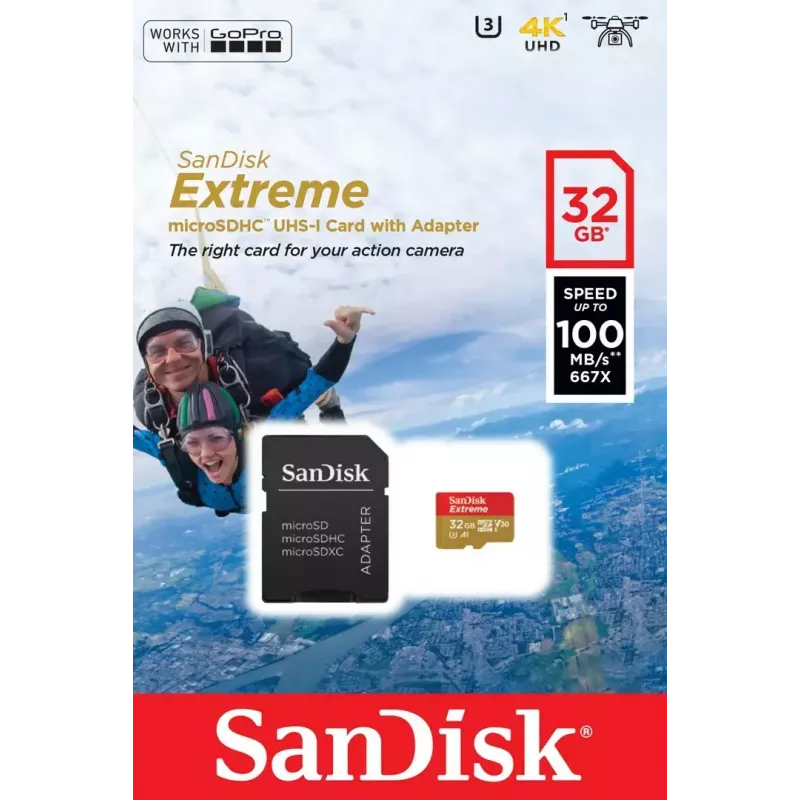 WESTERN DIGITAL SanDisk micro SDXC Extreme 32GB (A1/ V30/ U3/ UHS-I/ Cl.10/ R100/ W60) + adapter do kamery sportowej