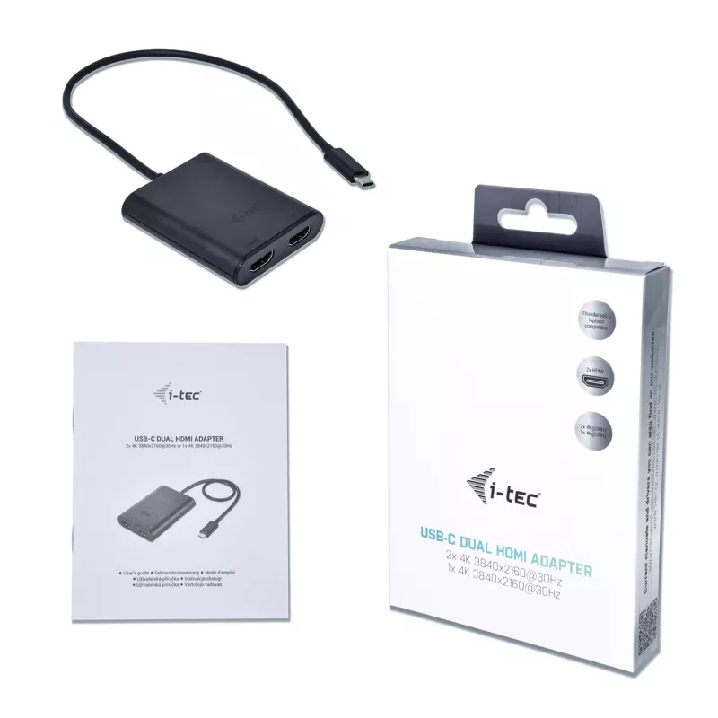 i-tec USB-C 3.1 Dual 4K HDMI adapter wideo, 3.2 Gen 1 (3.1 Gen 1), USB Type-C, wyjście HDMI, 3840 x 2160 pikseli