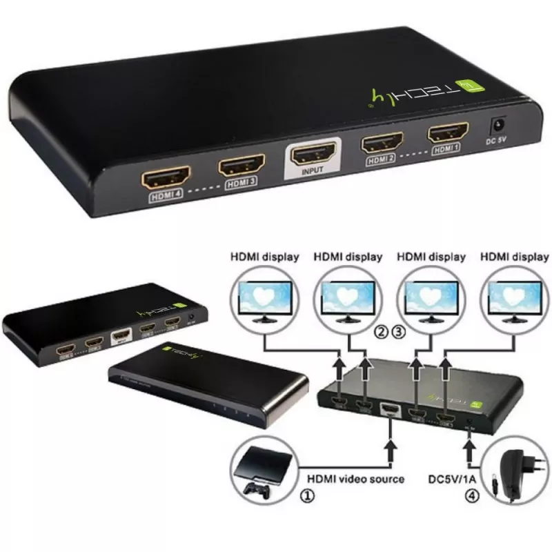 Techly Splitter HDMI 4 way 4K*2K IDATA HDMI-4K4, HDMI, 4x HDMI, 1x HDMI F, 4096 x 2160 pikseli, Czarny, 36 bit