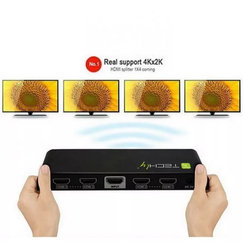 Techly Splitter HDMI 4 way 4K*2K IDATA HDMI-4K4, HDMI, 4x HDMI, 1x HDMI F, 4096 x 2160 pikseli, Czarny, 36 bit