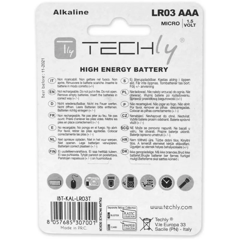Techly Blister 4 Baterie Wysoka Moc Mini Stilo AAA Alkaliczne LR03 1,5V IBT-KAL-LR03T