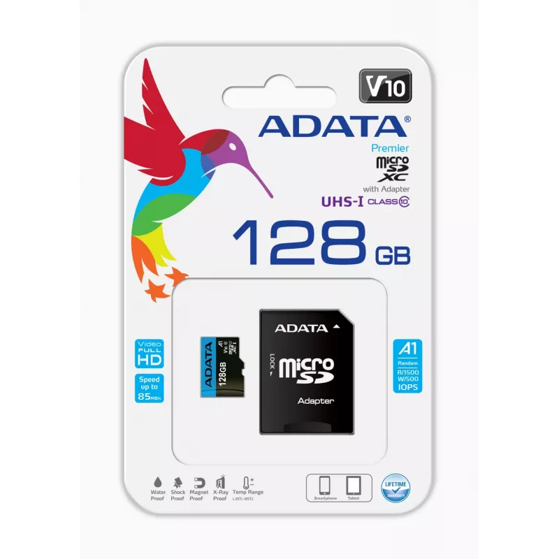 Karta pamięci flash MicroSDXC ADATA 128 GB UHS‑I Class 10 — odczyt 85 MB/s, zapis 25 MB/s, wodoodporna, z adapterem SD