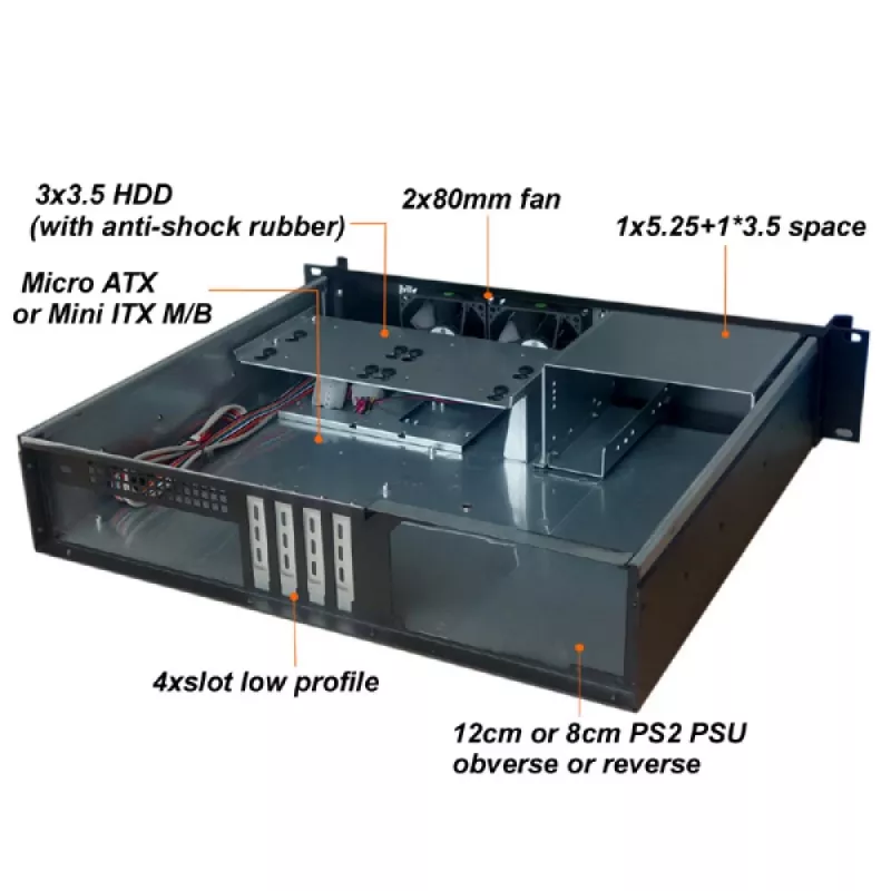 Obudowa serwerowa TECHLY I-CASE IPC-240L, 2U, micro ATX, 4x wnęki 3,5 cala, 1x wnęka 5,25 cala, 465x400x88,8 mm, czarna