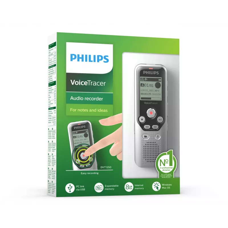 Dyktafon Philips DVT1250 z pamięcią wewnętrzną i kartą flash, czarny, szary