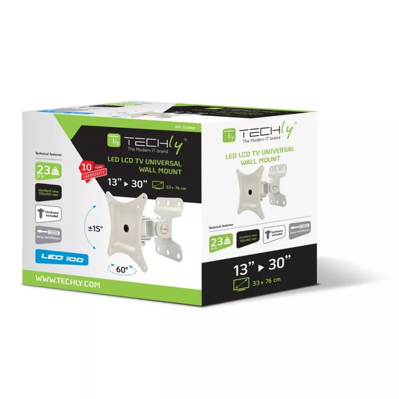 Uchwyt ścienny Techly do LCD LED 13-30 cali, pełny zakres ruchu, biały