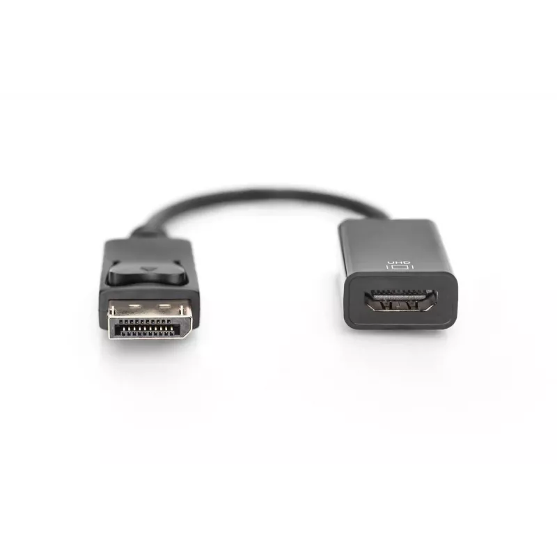 Przewód adaptera DisplayPort DIGITUS ASSMANN, DP - HDMI typ A M/F, 20 cm z blokadą, HDMI Ver. 2.0, aktywny, CE, złoty, czarny