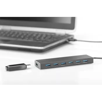 Koncentrator USB 3.0 DIGITUS, 7 portów, zasilacz 5V/3,5A, obudowa aluminiowa
