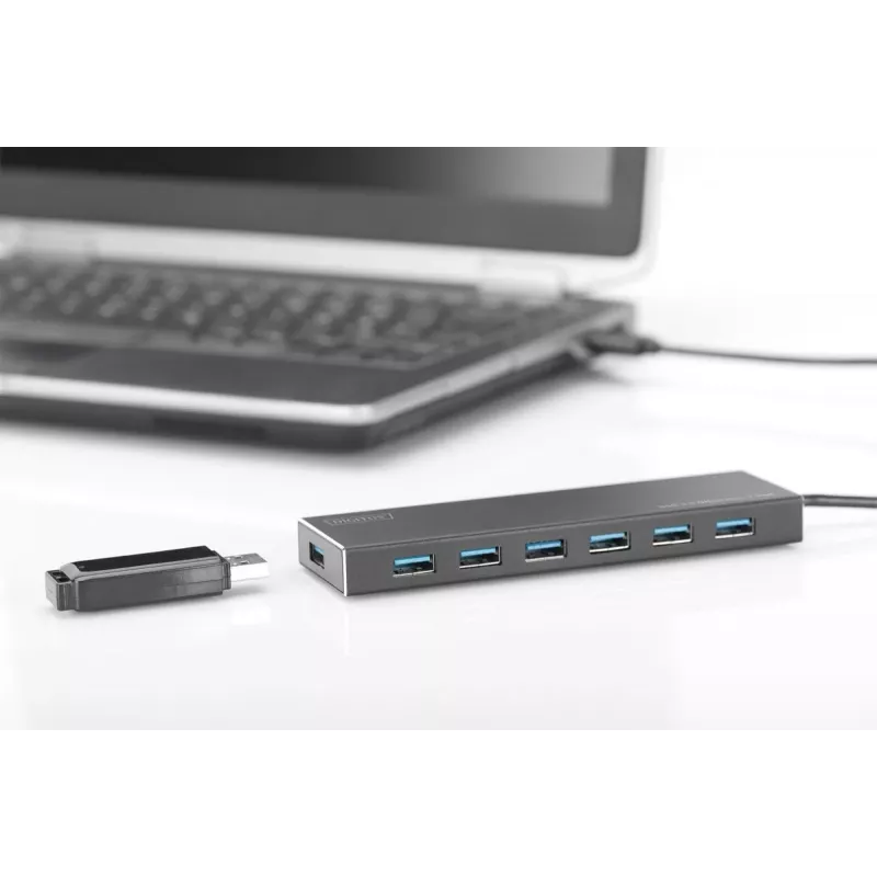 Koncentrator USB 3.0 DIGITUS, 7 portów, zasilacz 5V/3,5A, obudowa aluminiowa