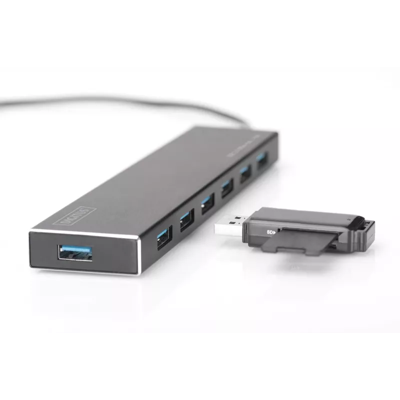 Koncentrator USB 3.0 DIGITUS, 7 portów, zasilacz 5V/3,5A, obudowa aluminiowa