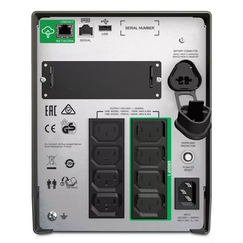 APC Smart-UPS SMT1500IC - 8x C13, USB, SmartConnect, 1500VA, Line-Interactive, 1.5 kVA, 1000 W, Sine, 151 V, 302 V