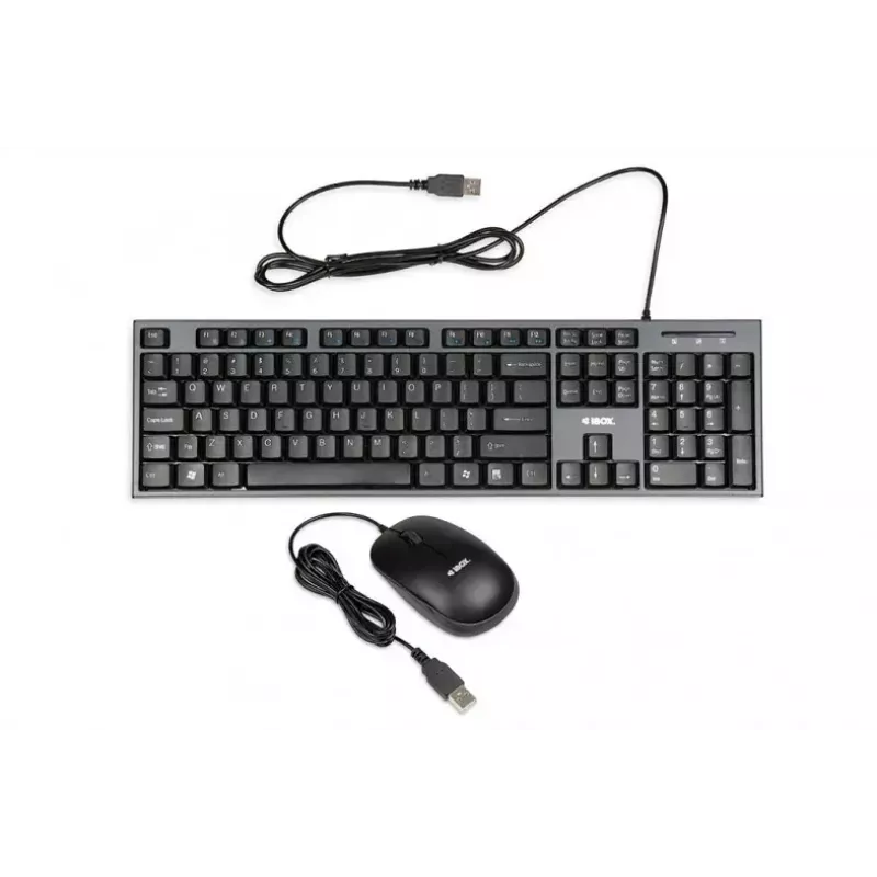 Zestaw przewodowej klawiatury i myszy IBOX IKMS606 — pełnowymiarowa klawiatura QWERTY UK English, USB, czarna, mysz 800 DPI