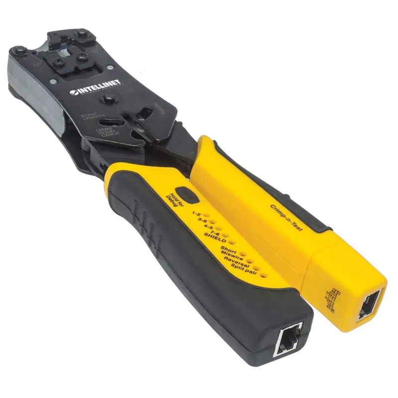 Intellinet Universal Modular Plug Crimping Tool and kabel Tester, 2-in-1 Crimper and kabel Tester: Cuts, Strips, Terminates and Tests, RJ45/RJ11/RJ12/RJ22
