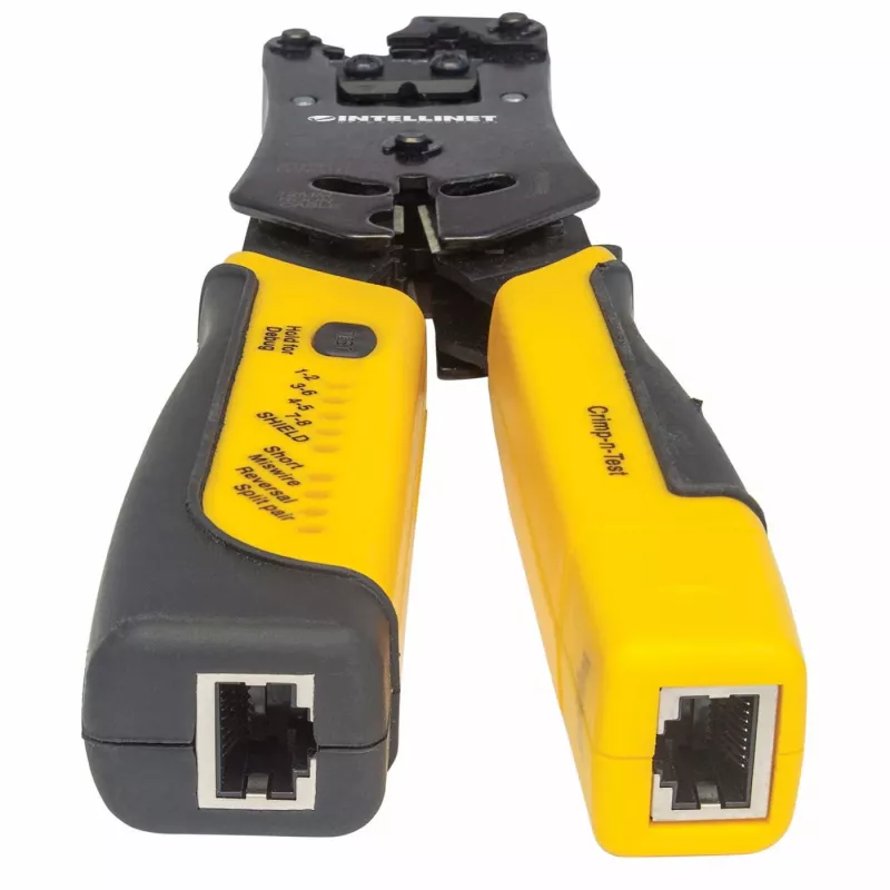 Intellinet Universal Modular Plug Crimping Tool and kabel Tester, 2-in-1 Crimper and kabel Tester: Cuts, Strips, Terminates and Tests, RJ45/RJ11/RJ12/RJ22