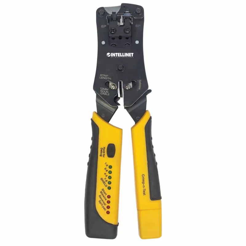 Intellinet Universal Modular Plug Crimping Tool and kabel Tester, 2-in-1 Crimper and kabel Tester: Cuts, Strips, Terminates and Tests, RJ45/RJ11/RJ12/RJ22