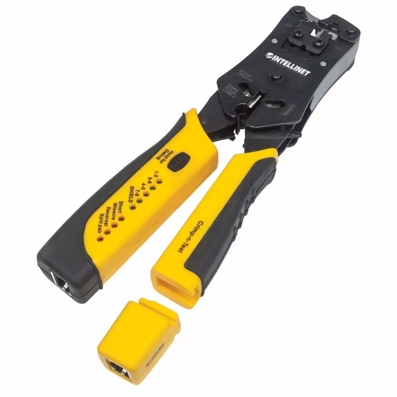 Intellinet Universal Modular Plug Crimping Tool and kabel Tester, 2-in-1 Crimper and kabel Tester: Cuts, Strips, Terminates and Tests, RJ45/RJ11/RJ12/RJ22