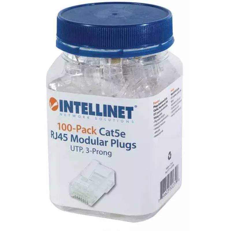 Intellinet Wtyki modułowe RJ45, Cat5e, UTP, 3-zębowe, do drutu pełnego, styki pozłacane 15 µm, opakowanie 100 szt.