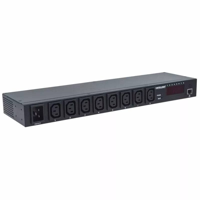 Intellinet 19 inch inteligentny PDU 8-portowy, 19 inch do montażu w szafie rack, inteligentny rozdzielacz zasilania C13; monitoruje moc, temperaturę i wilgotność