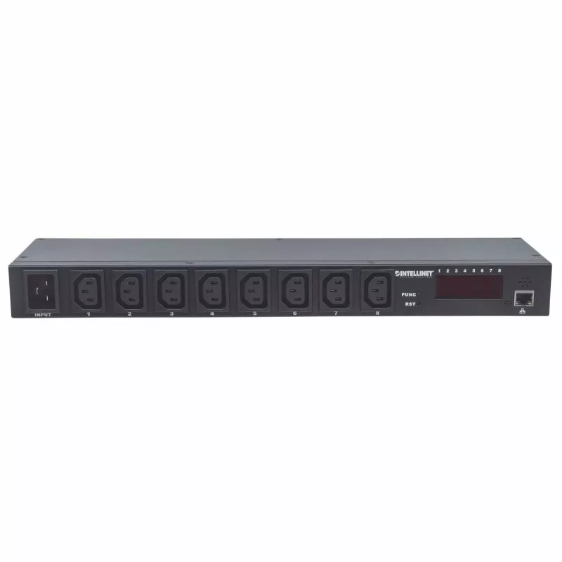 Intellinet 19 inch inteligentny PDU 8-portowy, 19 inch do montażu w szafie rack, inteligentny rozdzielacz zasilania C13; monitoruje moc, temperaturę i wilgotność