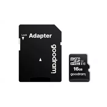 Karta pamięci MicroSDHC GOODRAM 16 GB Class 10 UHS-I (U1), odczyt 100 MB/s, zapis 10 MB/s, odporna na magnesy, z adapterem SD