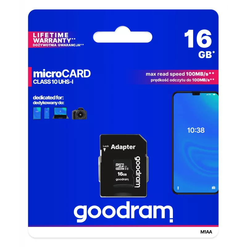 Karta pamięci MicroSDHC GOODRAM 16 GB Class 10 UHS-I (U1), odczyt 100 MB/s, zapis 10 MB/s, odporna na magnesy, z adapterem SD