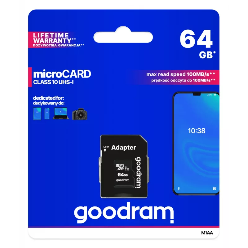 Karta pamięci MicroSDXC GOODRAM 64 GB UHS-I Class 10 (U1), odczyt 100 MB/s, zapis 10 MB/s, z adapterem SD, czarna