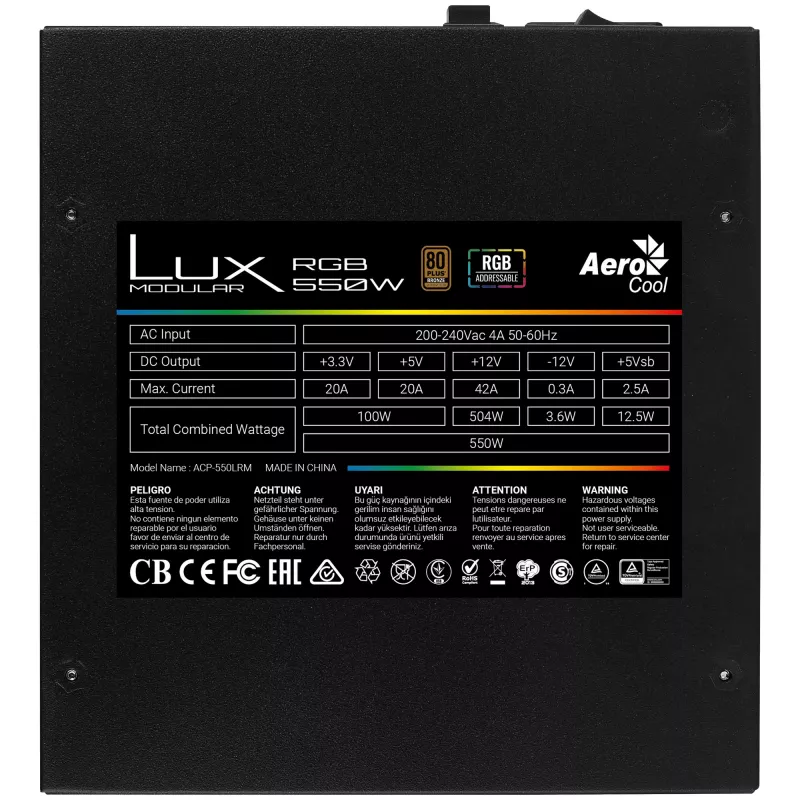 Zasilacz Aerocool LUXRGB550M RGB Modularny 550W 80Plus Bronze 230V Czarny