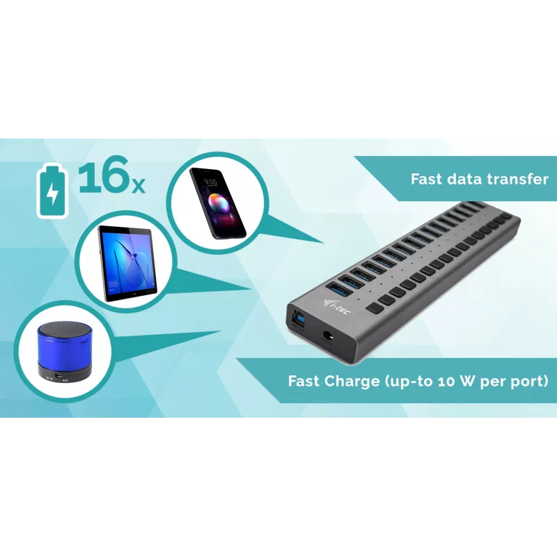 i-tec USB 3.0 Charging HUB 16port + zasilacz 90 W